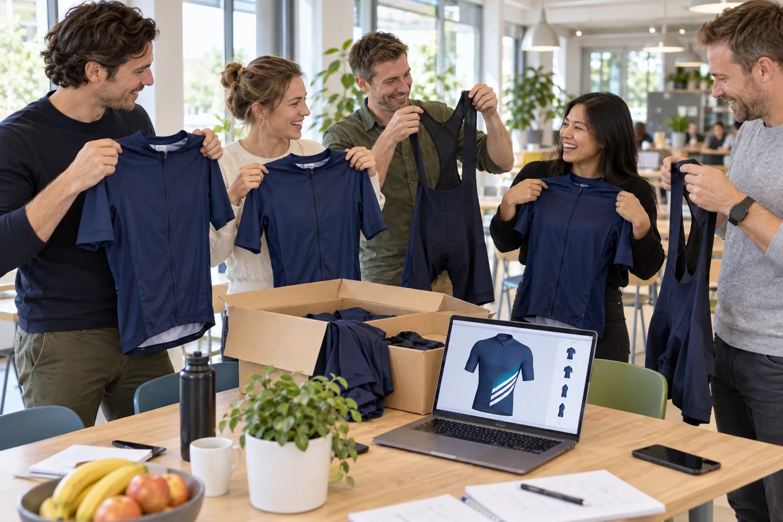 Collega's passen fietsshirts en fietsbroeken uit een doos met pasmaten