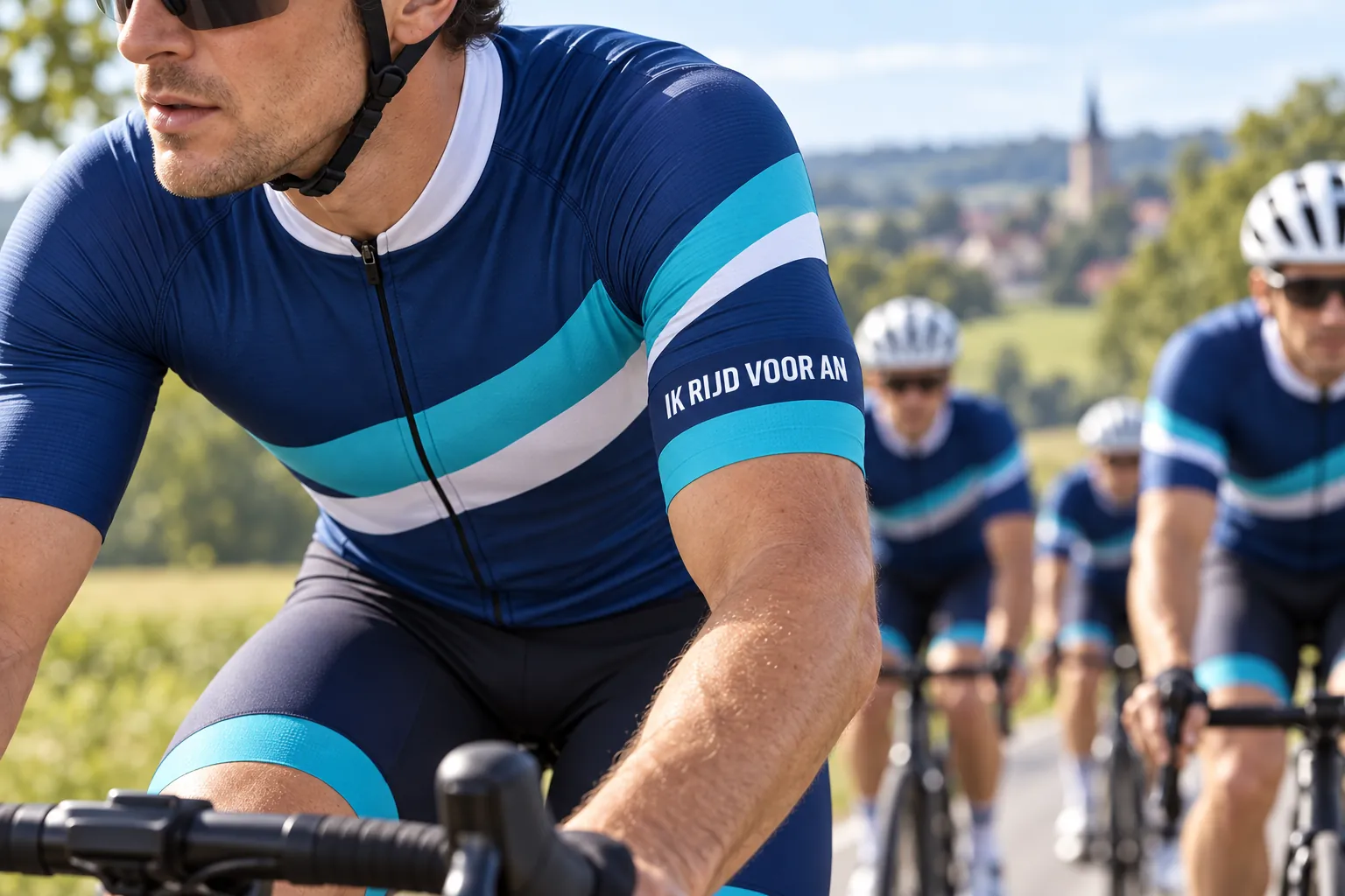 Mouw van een blauw fietsshirt met de tekst Ik rijd voor An