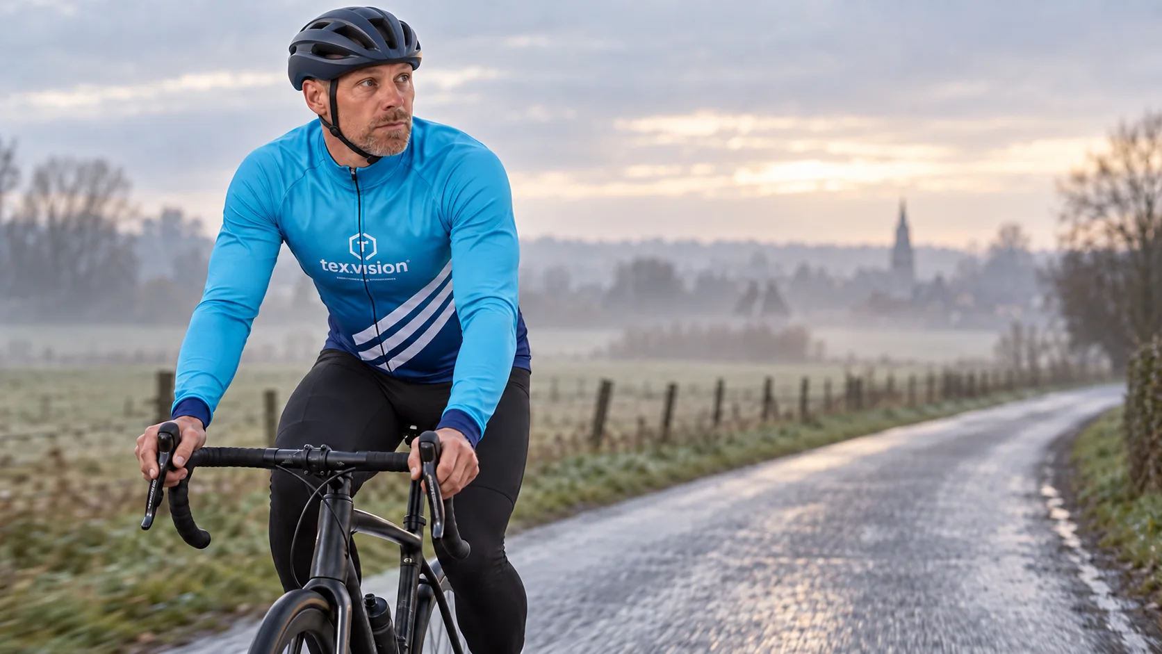 Urban fietsshirt lange mouwen in actie in het blauwe Tex.Vision-ontwerp