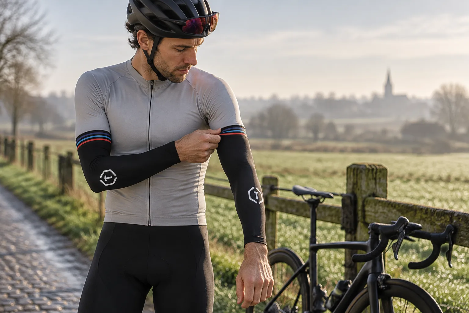 Wielrenner trekt custom armwarmers aan