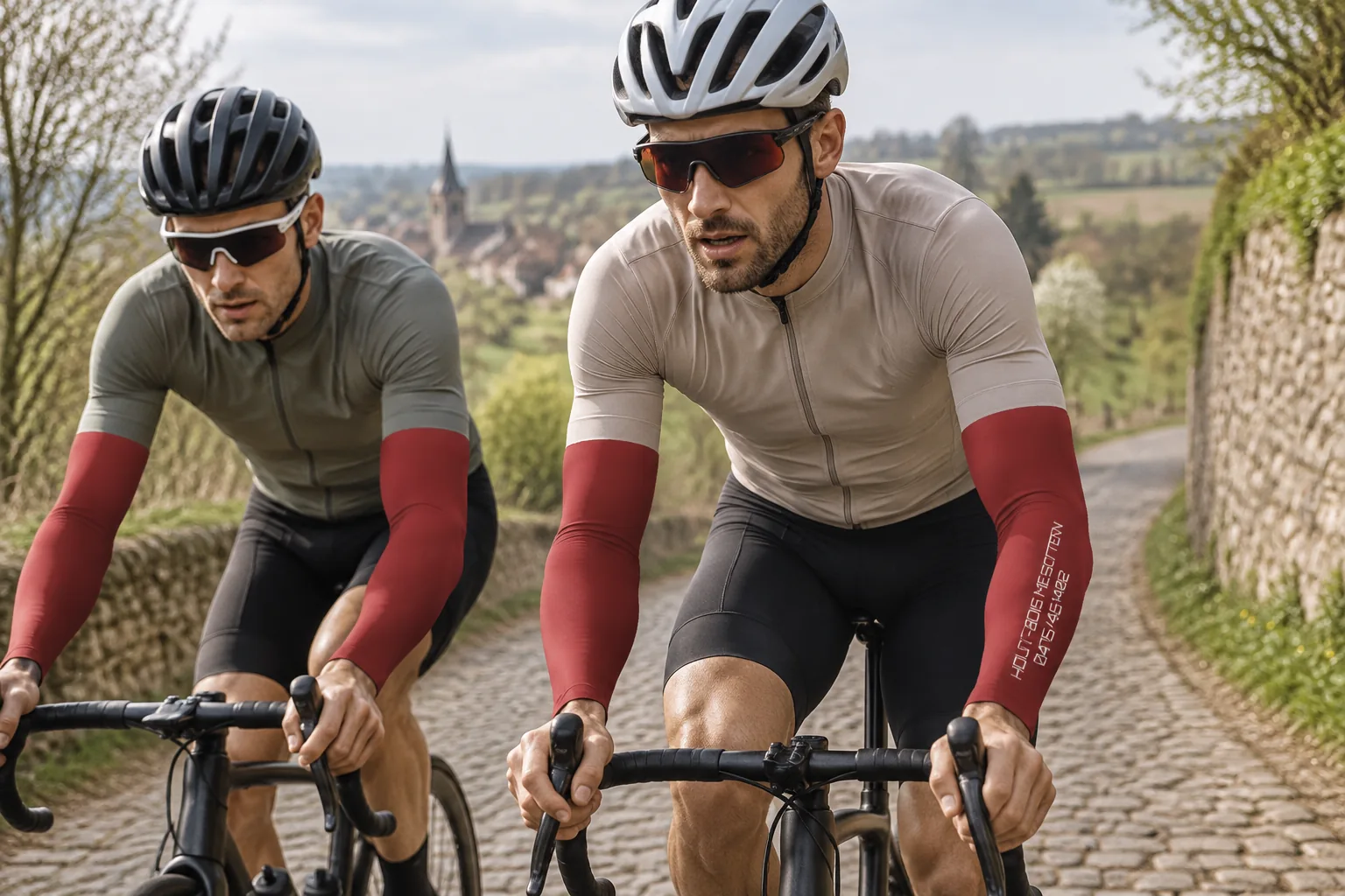 Twee wielrenners met rode custom armwarmers op de kasseien
