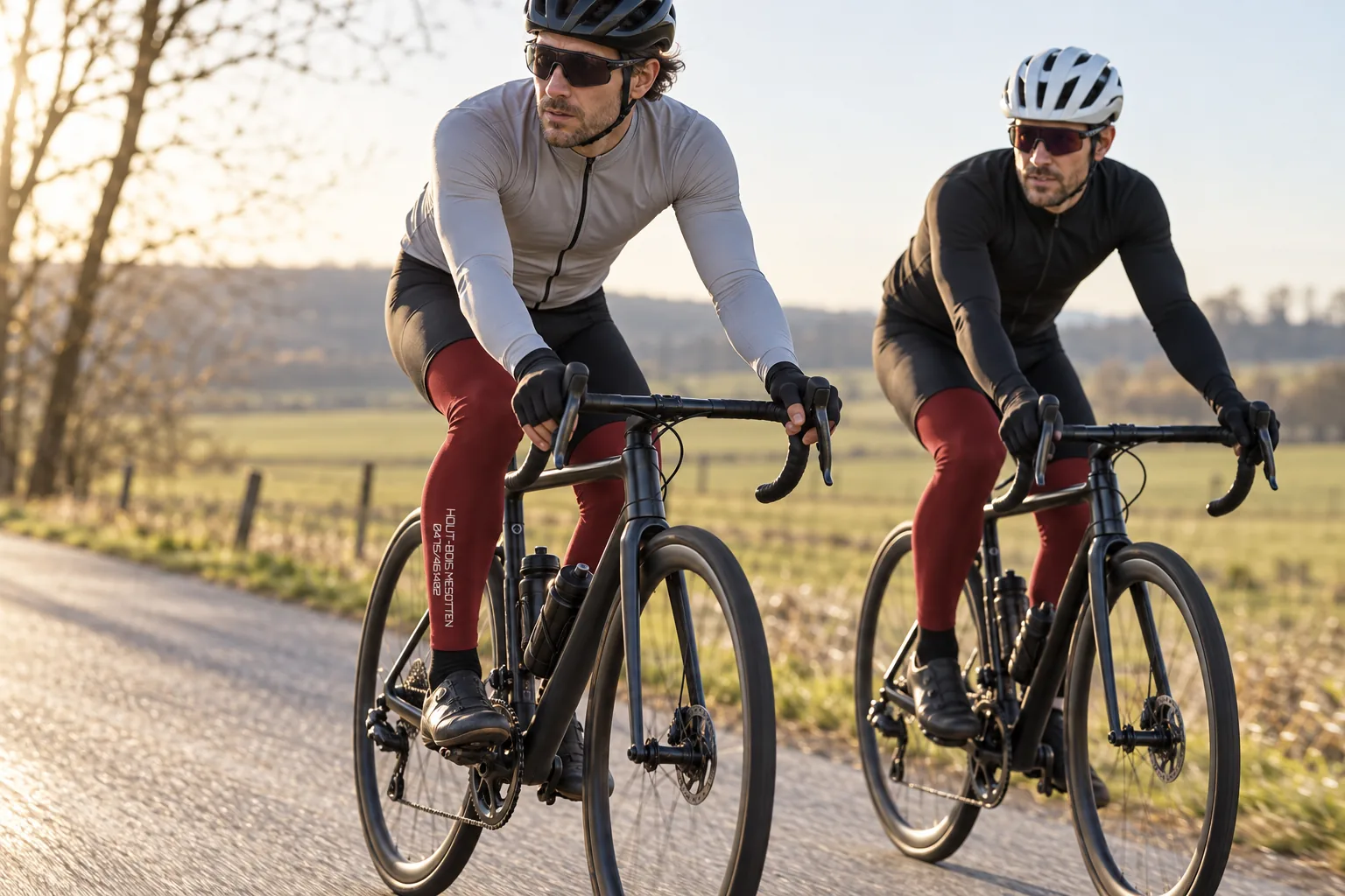 Twee wielrenners met rode custom beenwarmers