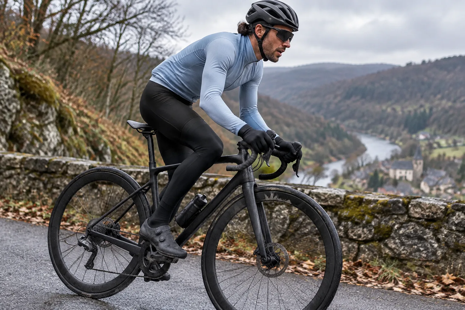 Wielrenner met custom beenwarmers in de Ardennen