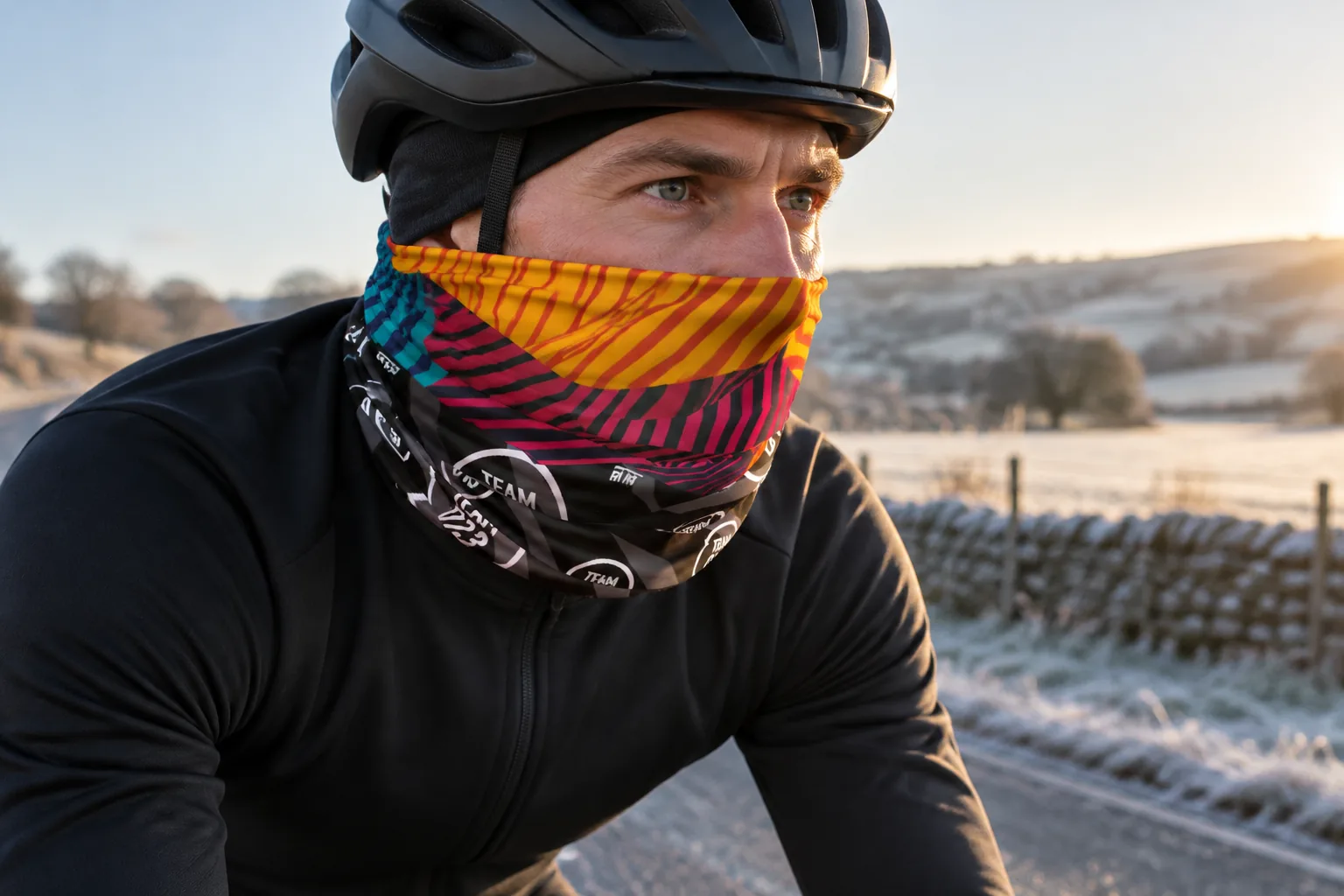 Wielrenner met een custom buff over de kin
