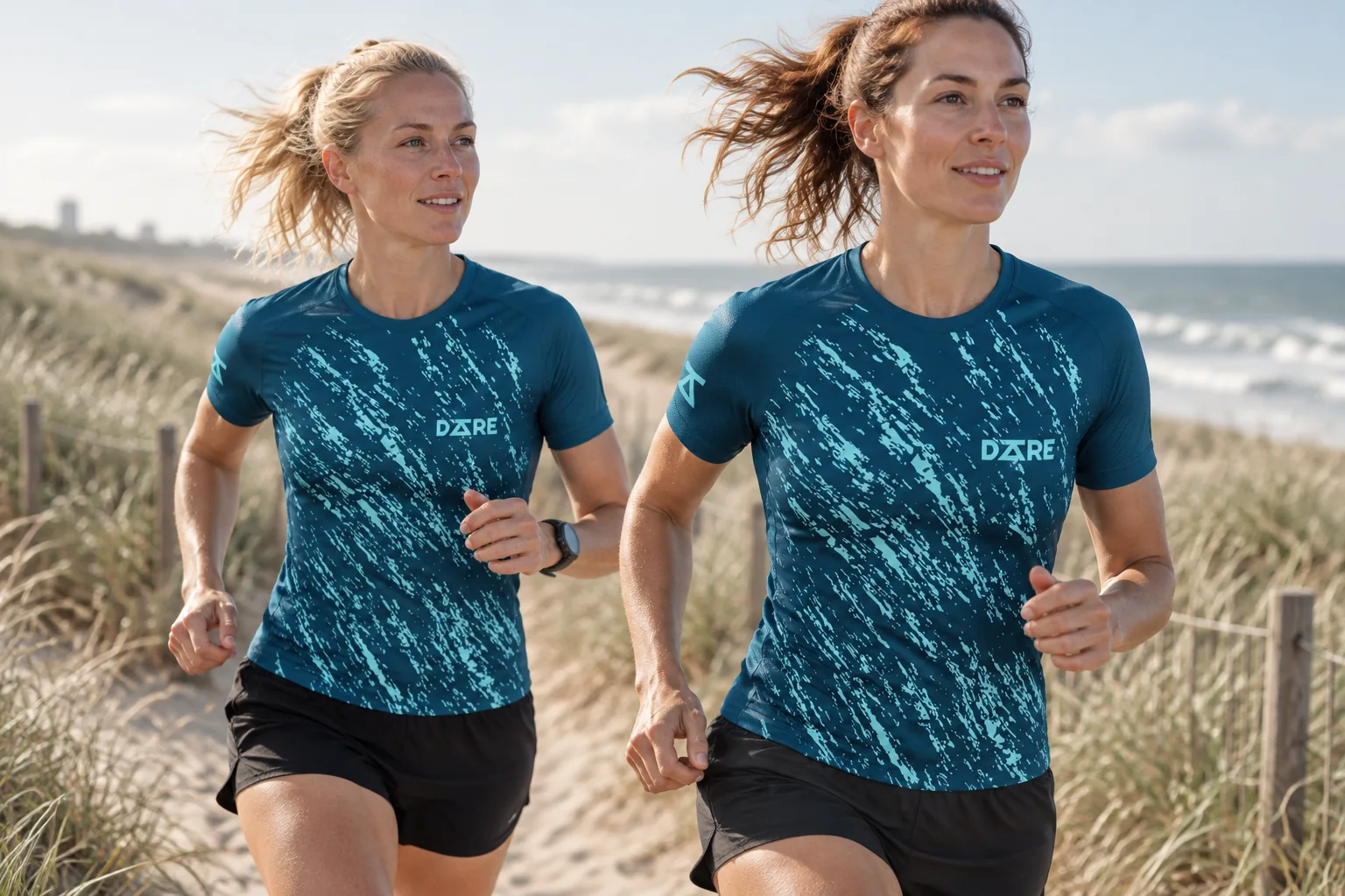 Twee loopsters in een custom Aero loopshirt in de duinen