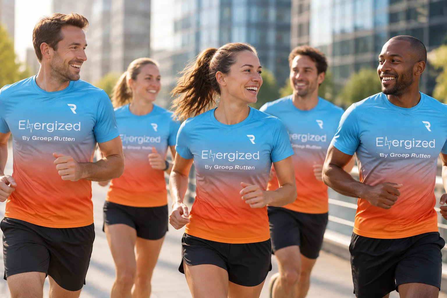 Bedrijfsteam in custom Aero loopshirts tijdens een bedrijfsloop