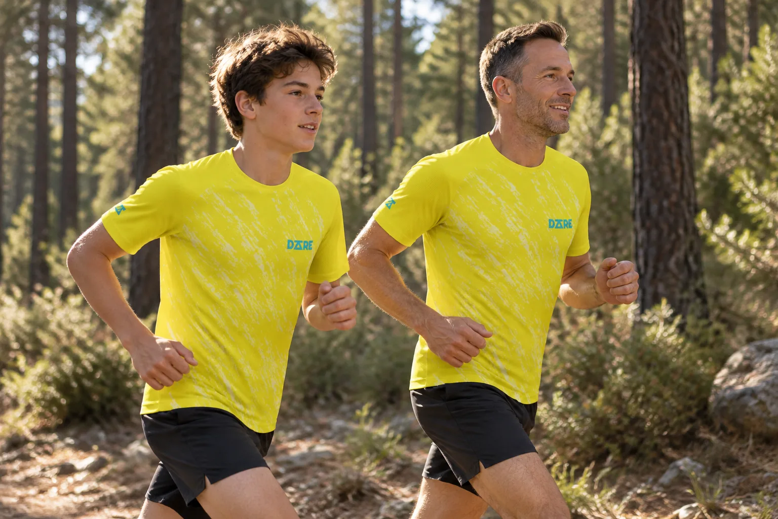 Vader en zoon in gele custom Aero loopshirts in het bos