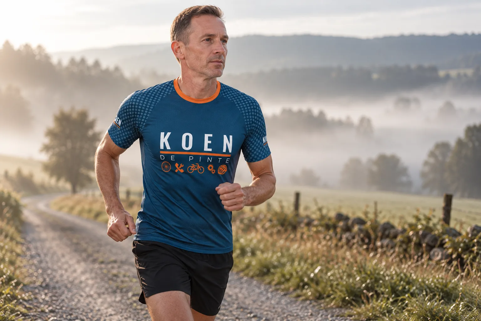 Loper in een custom Aero loopshirt op een landweg in de Ardennen